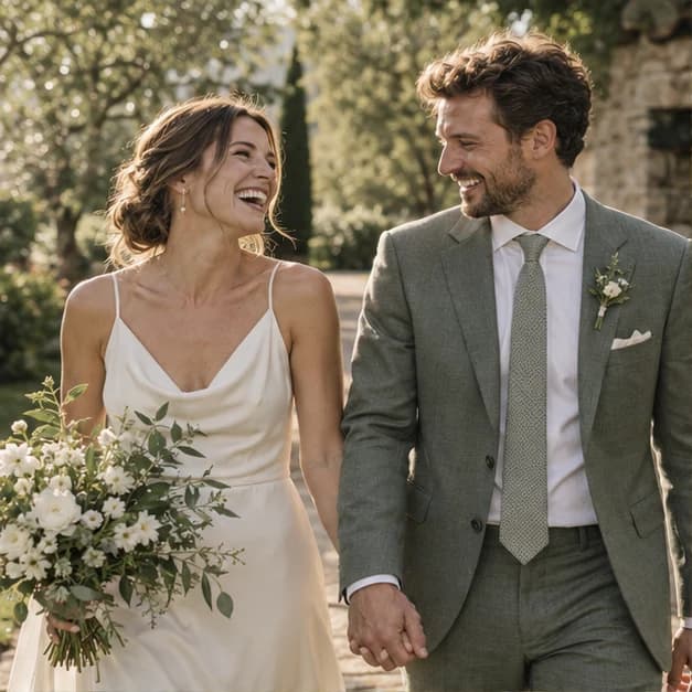 Illustratives Hochzeitspaar beim Spaziergang im Garten